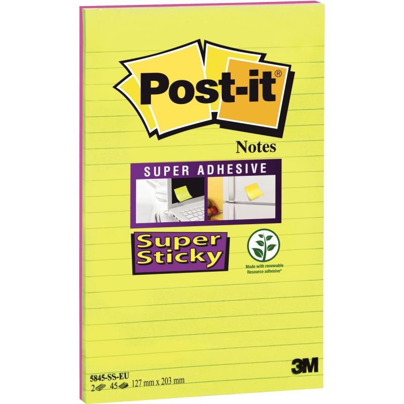 Bloc-notes post-it super sticky grand format 101x101mm 70f lignées adhésif  renforcé coloris jaune 3 blocs