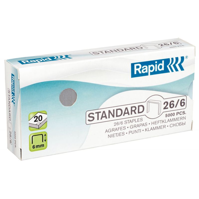 Rapid 66/6 Pack d'agrafes 5000 agrafes - Agraphes (Pack d'agrafes, 6 mm,  5000 agrafes, 66/6, Acier inoxydable, 20 feuilles)