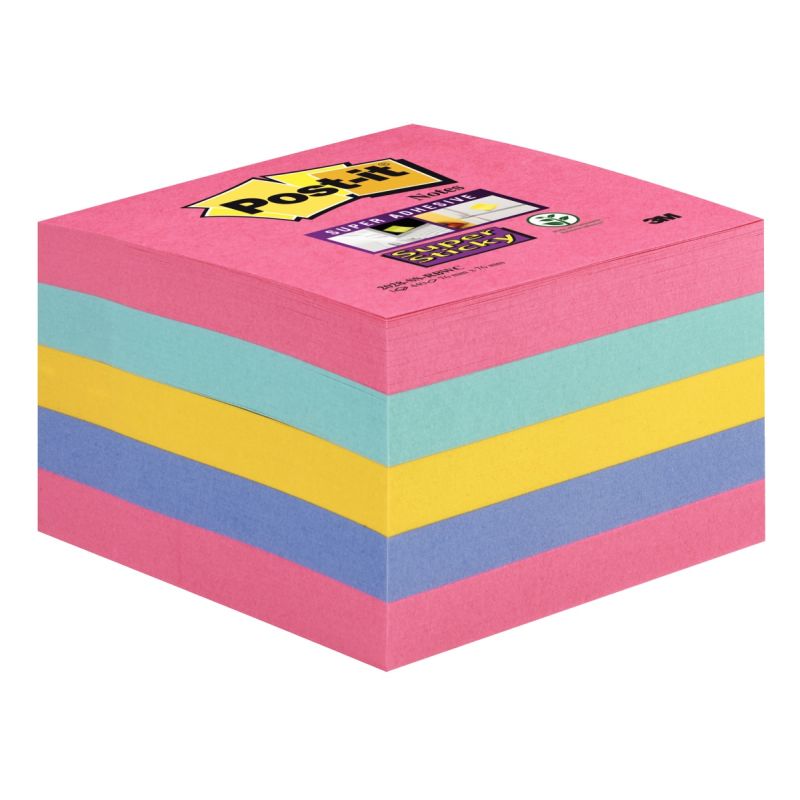 Cube de 440 feuilles de notes post-it super sticky 76 x 76 mm couleurs :  rose, bleu océan, jaune et bleu pervenche