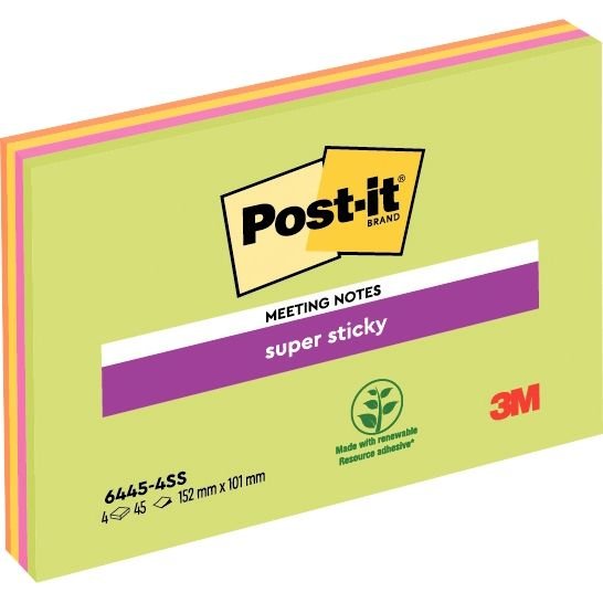 4 blocs de Notes Super Sticky Post-it® grand format, Couleurs assorties,  101 x 152 mm, 45 feuilles par bloc