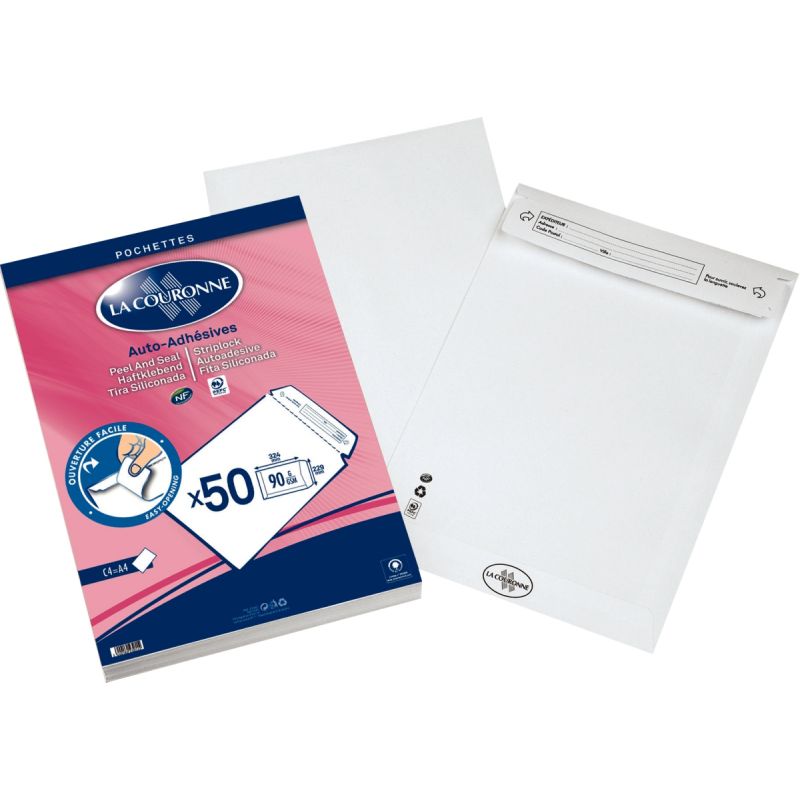 Paquet de 50 pochettes vélin blanc C4 229x324 90g/m² bande de protection
